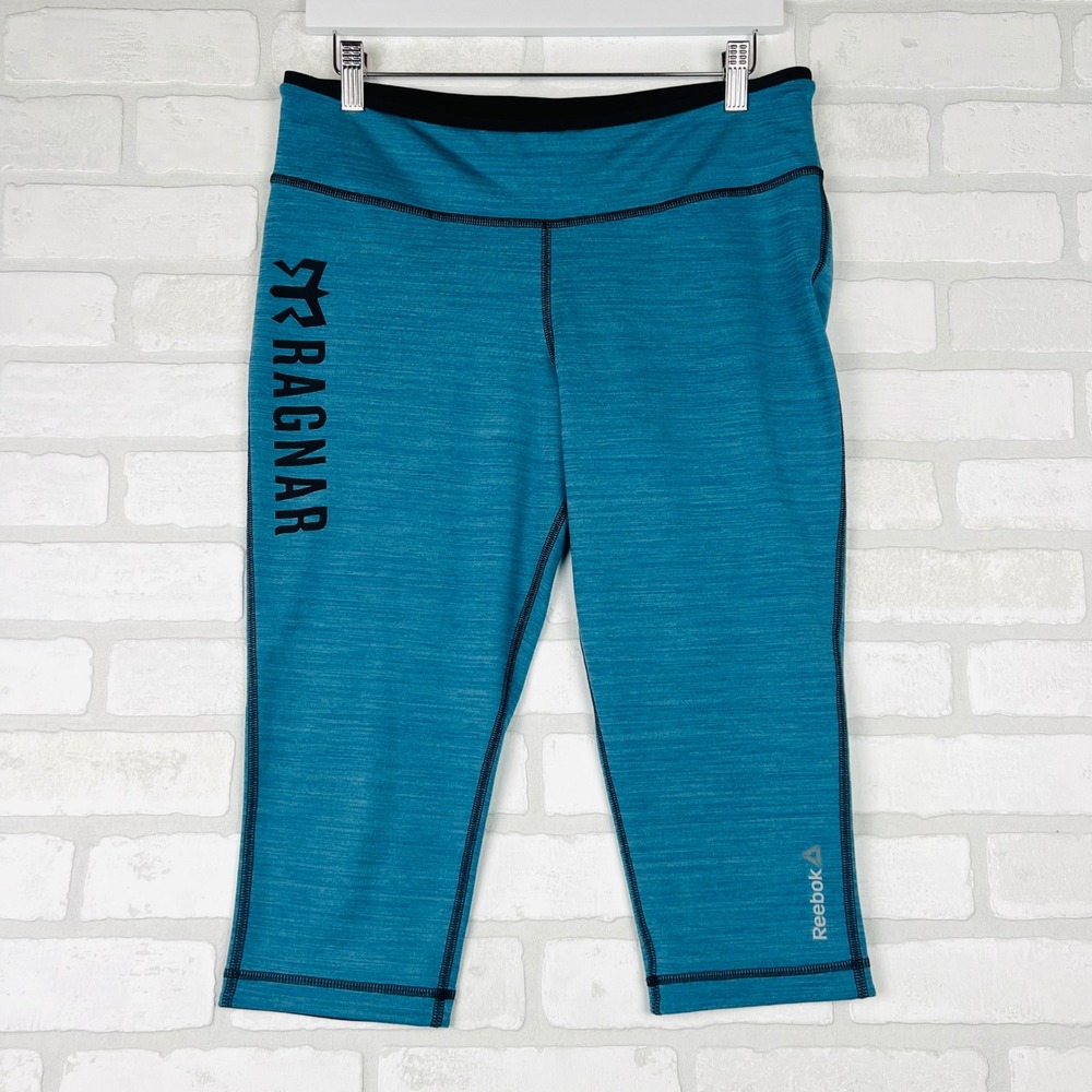 Reebok Ragnar Training Capri Crop‎ Leggings Athletic Teal REVERSIBLE Large
